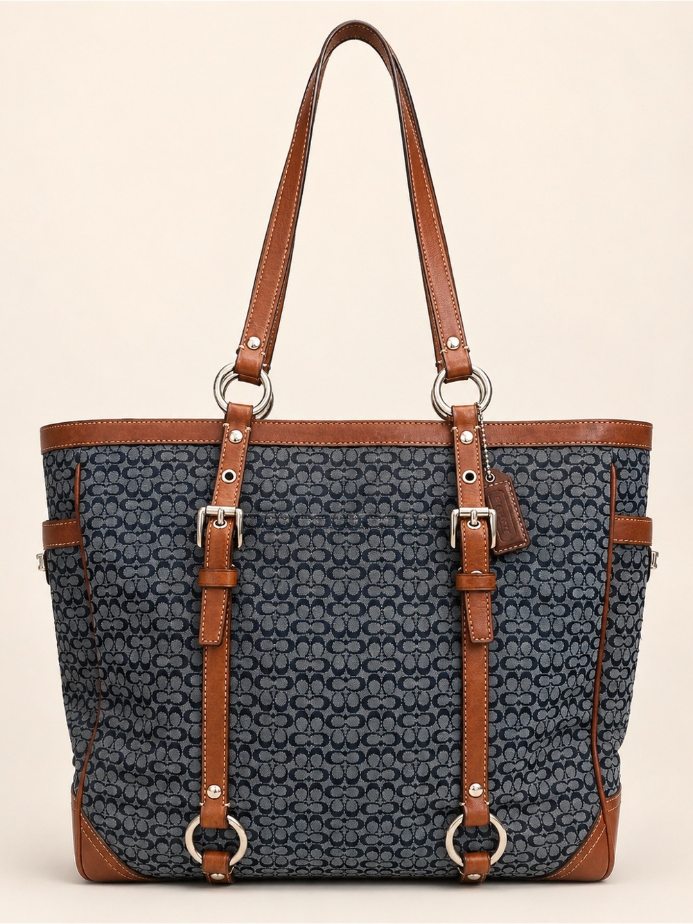 Coach Y2K Gallery Turnlock Tote Blue Denim Jacquard Tan Leather Trim Large